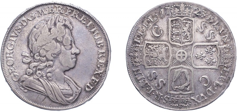 George I (1714-1727). Crown, 1723, SSC in angles, DECIMO edge. (ESC 1545. S.3640...