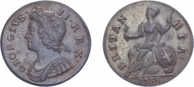 George II (1727-1760). Halfpenny, 1738, young bust. (BMC 852, S.3717). Nearly Extremely Fine with traces of original colour.