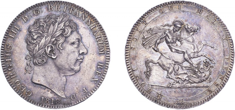 George III (1760-1820). Crown, 1818, LVIII edge, St George and dragon reverse. (...