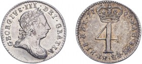 George III (1760-1820). Fourpence, 1765, maundy issue, crowned 4 on reverse. (ESC 2245, S.3750). Cleaned otherwise Good Fine or better. Extremely rare...