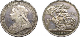 Victoria (1837-1901). Crown, 1893, proof issue, veiled head, LVI edge. (ESC 2594, S.3937). Slabbed and graded by PCGS as PR62CAM.