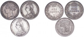Victoria (1837-1901). Sixpences (3), 1887, young head, jubilee head (2) with shield reverse and wreath reverse. (ESC 3262, 3264, 3272, S.3912, 3928, 3...