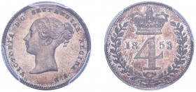 Victoria (1837-1901). Maundy Fourpence, 1853, young head. (S.3917). Slabbed and graded by PCGS as PL65.