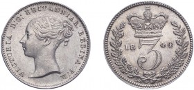 Victoria (1837-1901). Threepence, 1844, young head. (ESC 3370, S.3914). Die clash above bust, Good Extremely Fine or better.