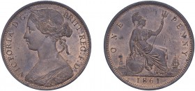 Victoria (1837-1901). Penny, 1861, bronze bun head issue. (F.33, S.3954). Good Extremely Fine with original colour.