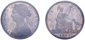 Victoria (1837-1901). Penny, 1865, bronze bun head issue. (F.50, S.3954). Slabbed and graded by PCGS as MS64RB.