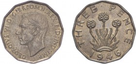 George VI (1936-1952). Threepence, 1946, brass issue. (BMC 2388, S.4112). Good Extremely Fine and scarce, the key date along with the 1949.