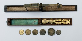 Coin Scales, two sets of cased Sovereign balances, ‘Harrison’s improved Sovereign balance’ and ‘Stephen Houghton & Son, Ormskirk’, along with 6 brass ...
