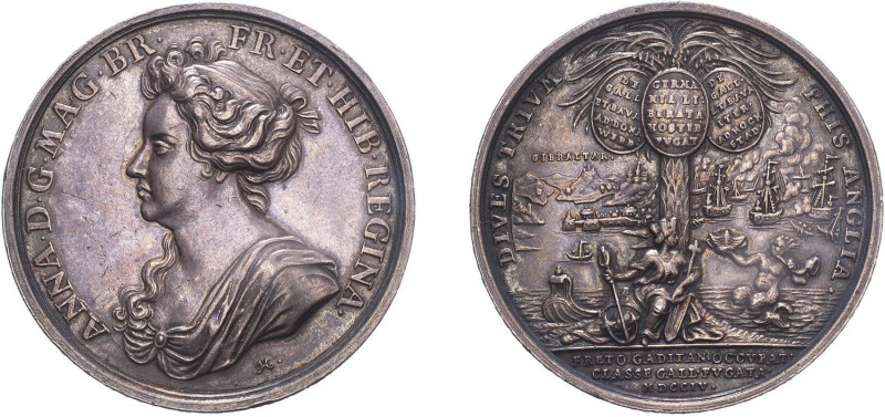 Anne, 1704, Silver medal celebrating British Victories. By G.Hautsch. 41mm, 25.9...