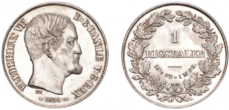 DENMARK. Frederik VII, 1848-63. Rigsdaler 1854 VS, Copenhagen. Sieg 13.1, Hede 8...