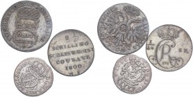 GERMANY. Lot of 3 coins. Schleswig-Holstein (2) Schilling 1707 BH, 2 1/2 Schilling 1800 MF, Lubeck 4 Schilling 1727. KM-183, KM-124, KM-143. Very fine...