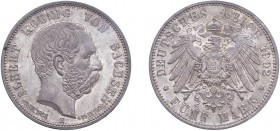 GERMANY. Saxony. Albert, 1873-1902. 5 Mark 1902-E. Choice uncirculated.
