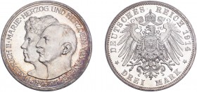 GERMANY. Anhalt, Friedrich II, 1904-18. 3 mark 1914 A, Berlin. Choice uncirculated with peripheral toning.