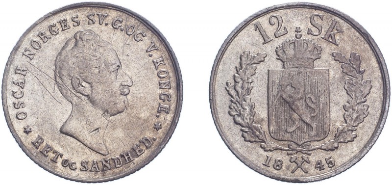 NORWAY. Oscar I, 1844-59. 12 Skilling , Kongsberg. KM-314.1. Fine.