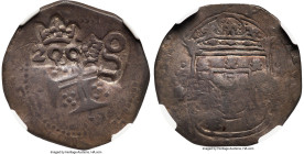 Afonso VI Counterstamped 200 Reis (1663) F12 NGC, LMB-76. Crowned 200 Reis (AU Standard) on Portugal Tostao with 150 Reis (1663) stamp. A quite scarce...
