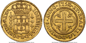 José I gold 4000 Reis 1754/3 UNC Details (Cleaned) NGC, Lisbon mint, KM171.1, cf. LMB-296 (unlisted overdate). First type, IOSEPHUS/DOMINVS. HID098012...