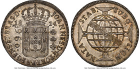 João Prince Regent 960 Reis 1814-B MS63 NGC, Bahia mint, KM307.1, LMB-399. Overstruck on a Spanish Colonial 8 Reales. Ample underlying luster beneath ...