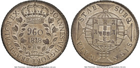 João VI 960 Reis 1818-R MS61 NGC, Rio de Janeiro mint, KM326.1, LMB-476. Overstruck on an Chile "Volcano" Peso. With ample luster under the cabinet to...