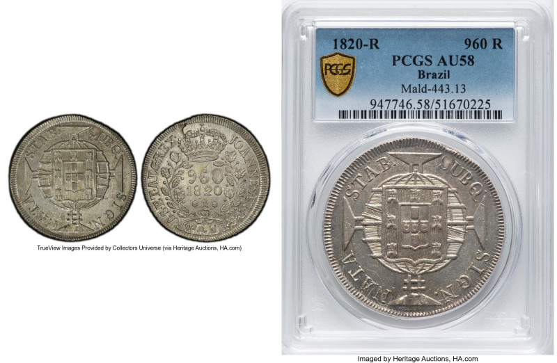 João VI 960 Reis 1820-R AU58 PCGS, Rio de Janeiro mint, KM326.1, LMB-478. Overst...