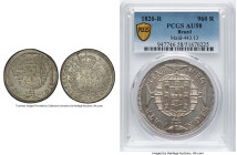 João VI 960 Reis 1820-R AU58 PCGS, Rio de Janeiro mint, KM326.1, LMB-478. Overstruck on a Chile 1819-FD "Volcano Peso". With host features visible. HI...