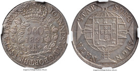 João VI 960 Reis 1821-R AU58 NGC, Rio de Janeiro mint, KM326.1, LMB-479a, R between crosslets. Overstruck on an Argentina "Sun Face" 8 Reales or 8 Sol...