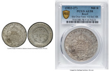 Pedro I 960 Reis 1824-R AU58 PCGS, Rio de Janeiro mint, KM368.1, LMB-505. Overstruck on a Bolivia Ferdinand VII 8 Reales 1819 PTS-PJ. With very strong...