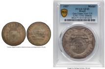 Republic Counterstamped "General Lopes Visit" Medal 1957 XF45 PCGS, Countermark (UNC Details) on João Prince Regent 960 Reis 1810-B, serial marked "04...