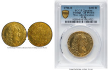 British Colony. Maria I & Pedro III gold Contemporary Counterfeit 6400 Reis 1786-R XF Details (Damage) PCGS, cf. KM199.2 (for original type). 10.8gm. ...