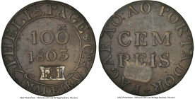 Portuguese Colony. I. W. Phelps & Co. Countermarked Token 100 Reis 1803-DATED XF45 Brown NGC, Fernay and Irmaos "F.I." countermark dated to 1884. HID0...