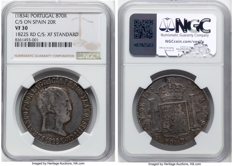 Maria II Counterstamped 870 Reis ND (1834) VF30 NGC, Lisbon mint, KM440.37, Gome...