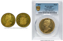 Maria II gold Peça 1833 MS61 PCGS, Lisbon mint, KM405, Fr-141, Gomes-18.02. By FREIRE. Scarce in Mint State, the sole piece graded by PCGS. HID0980124...