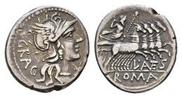 MÜNZEN RÖMISCHE REPUBLIK, L. Antestius Gragulus, Denar (3,77g), 136 v. Chr., Rom. Av.: Romakopf mit Flügelhelm nach rechts, dahinter "GRAG", davor Wer...