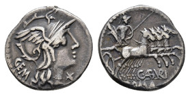 MÜNZEN RÖMISCHE REPUBLIK, C. Aburius Geminus, Denar (3,86 g), 134 v. Chr., Rom. Av.: Büste der Roma mit Flügelhelm nach rechts, dahinter "GEM", davor ...