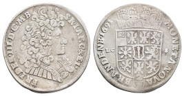 2/3 Taler, 1691, Friedrich III., LCS (Lorenz Christoph Schneider), Dav. 270, gereinigt, lt. gebogen, ss.