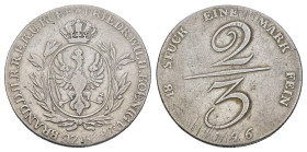 2/3 Taler, 1796, Friedrich Wilhelm II., Olding 57, J. 184, Justierspuren, gereinigt, s-ss.