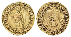 Goldgulden (3,08 g), 1458-1463, Dietrich von Moers. Av.: Stehender hl. Erzb. Heribert von Köln mit Segnungsgestus und Umschrift: " SAnCTE HE - RT EPIC...