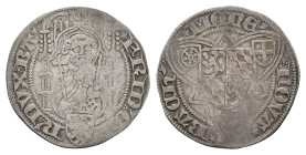 Weißpfennig, 1449-1476, Friedrich I., Bacharach. Av.: Hüftbild Petri in gotischem Gehäuse über Wappenschild Pfalz-Bayern sowie Umschrift: "FRID´ C´ P´...