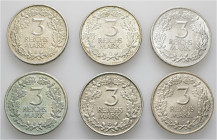 6x 3 Reichsmark, 1925, A, D, E, F, G, J, komplette Serie Rheinlande, von ss-vz bis vz-st. J. 321