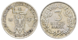 3 Reichsmark, 1925, F, Rheinlande, wz. Kr., ss+ J. 321