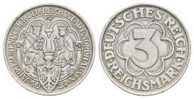 3 Reichsmark, 1927, Nordhausen, gereinigt, kl. Rf., ss-vz. J. 327
