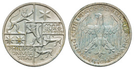 3 Reichsmark, 1927, Marburg, Lackreste, etw. Grünspan, vz. J. 330