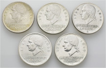5x 3 Reichsmark, 1929, A, D, E, F, G, Lessing, um vz. J. 335