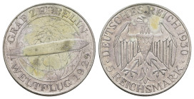 5 Reichsmark, 1930, A, Zeppelin, kl. Kr., fleckig, oben beidseitig runde Druckstelle, sonst ss+ J. 343