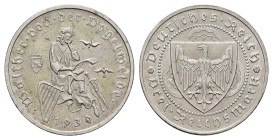 3 Reichsmark, 1930, F, Walther von der Vogelweide, beidseitig je ein tiefer Kratzer, sonst vz. J. 344