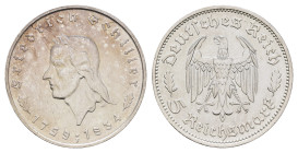 5 Reichsmark, 1934, F, Schiller, gereinigt, kl. Kr., kl. Rf., ss. J. 359