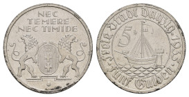 Danzig, 5 Gulden, 1935, Kogge, Randfehler, kl. Kr., ss. J. D19