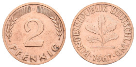 2 Pfennig (2,90g), 1967, G, kupferplattierte Eisenronde, gereinigt, vz aus PP. J. 381a. Mit Gutachten Claus-Peter Meyer.