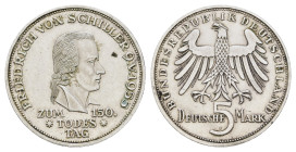 5 Mark, 1955, Schiller, berieben, etw. Grünspan u. fleckig, ss-vz. J. 389