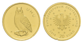 20 Euro, Gold, 2018, D, Heimische Vögel - Uhu, in Kapsel, mit Zertifikat, st. J. 629