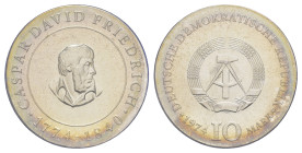 10 Mark, 1974, Caspar David Friedrich, in Hartplastik verplombt, etw. angelaufen, PP. Auflage nur 100 Stück. J. 1553